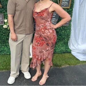 PrettyLittleThing Mushroom Chiffon Floral Cowl Neck Midi Dress